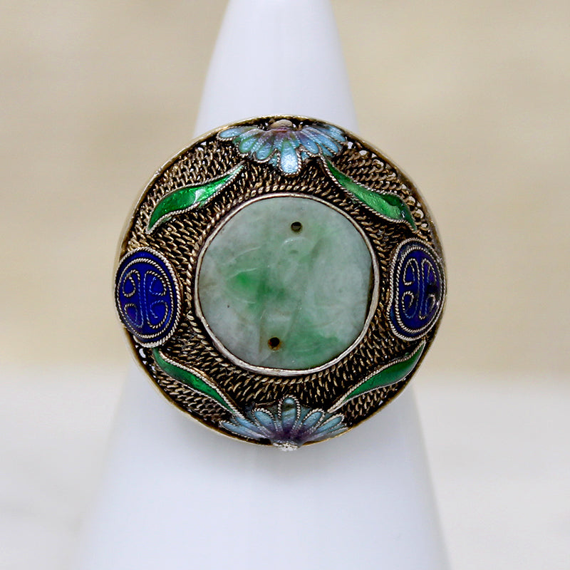 Exquisite Enamel & Jade Chinese Silver Gilt Ring
