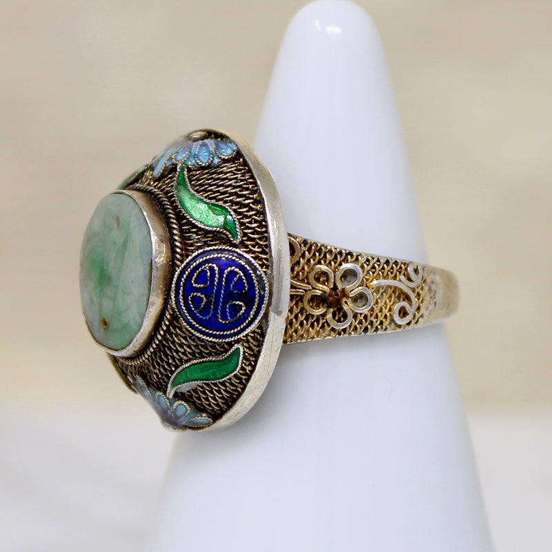 Exquisite Enamel & Jade Chinese Silver Gilt Ring