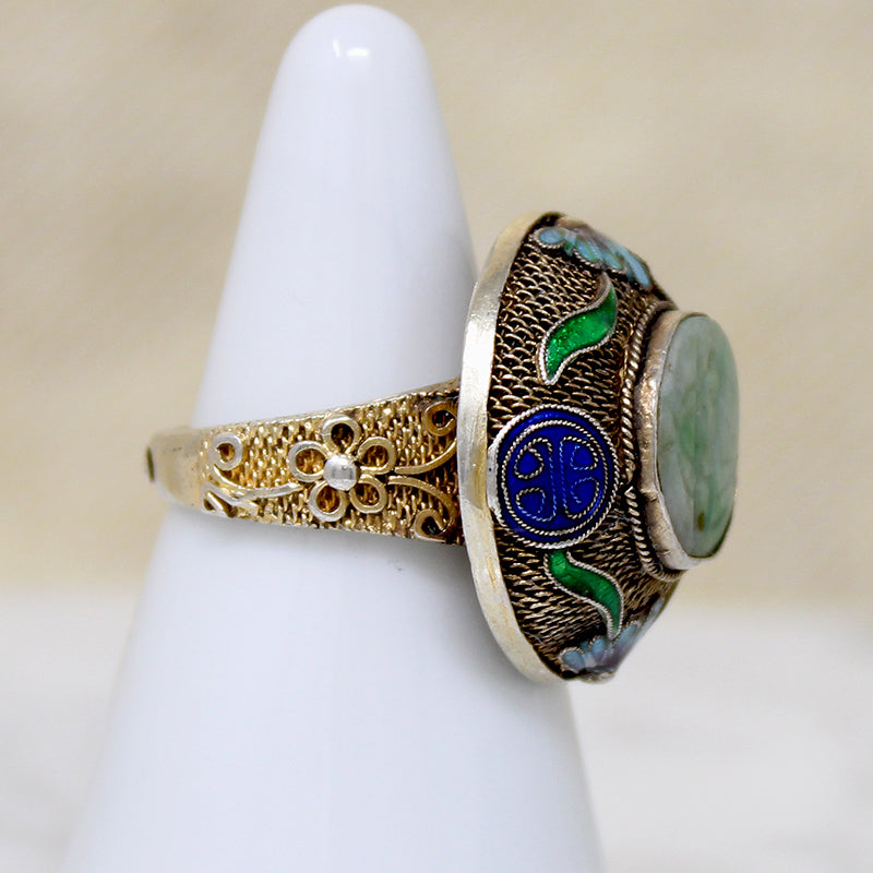 Exquisite Enamel & Jade Chinese Silver Gilt Ring