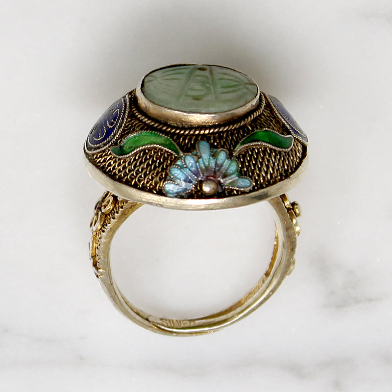 Exquisite Enamel & Jade Chinese Silver Gilt Ring