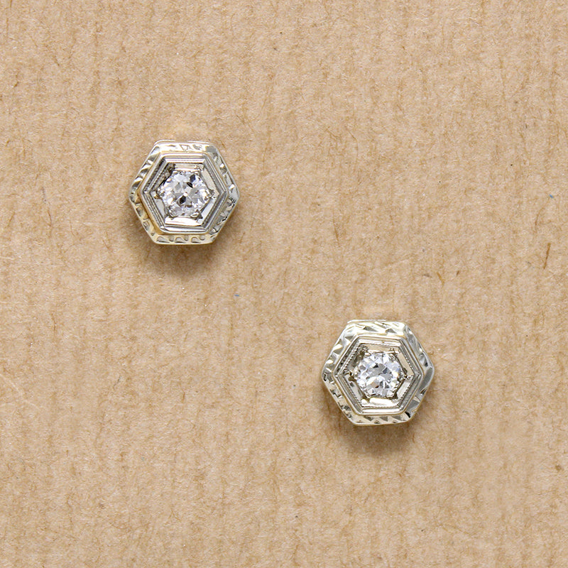 Art Deco Diamond & Engraved White Gold Studs