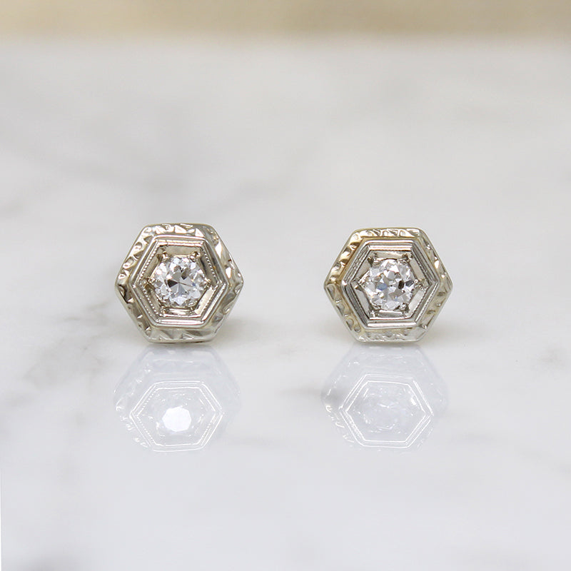 Art Deco Diamond & Engraved White Gold Studs