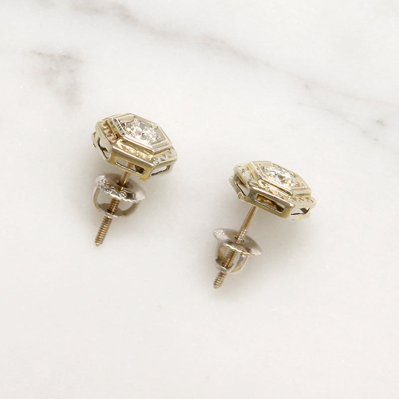 Art Deco Diamond & Engraved White Gold Studs