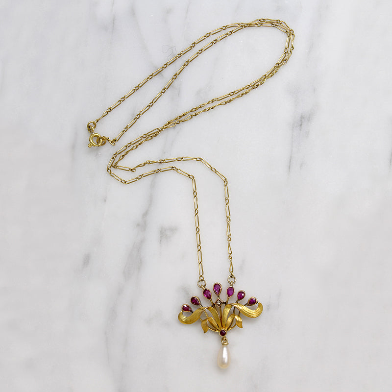 Delightful French Art Nouveau Ruby & Pearl Necklace