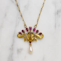 Delightful French Art Nouveau Ruby & Pearl Necklace