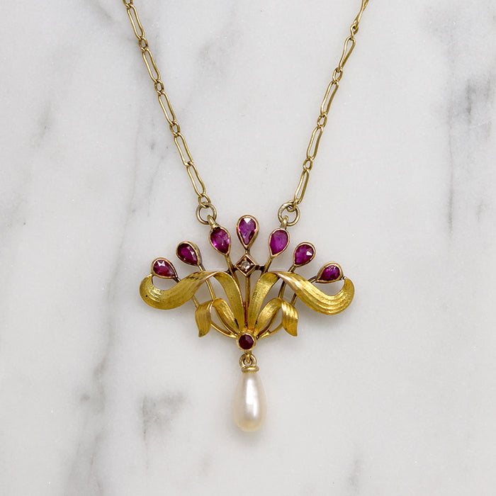 Delightful French Art Nouveau Ruby & Pearl Necklace