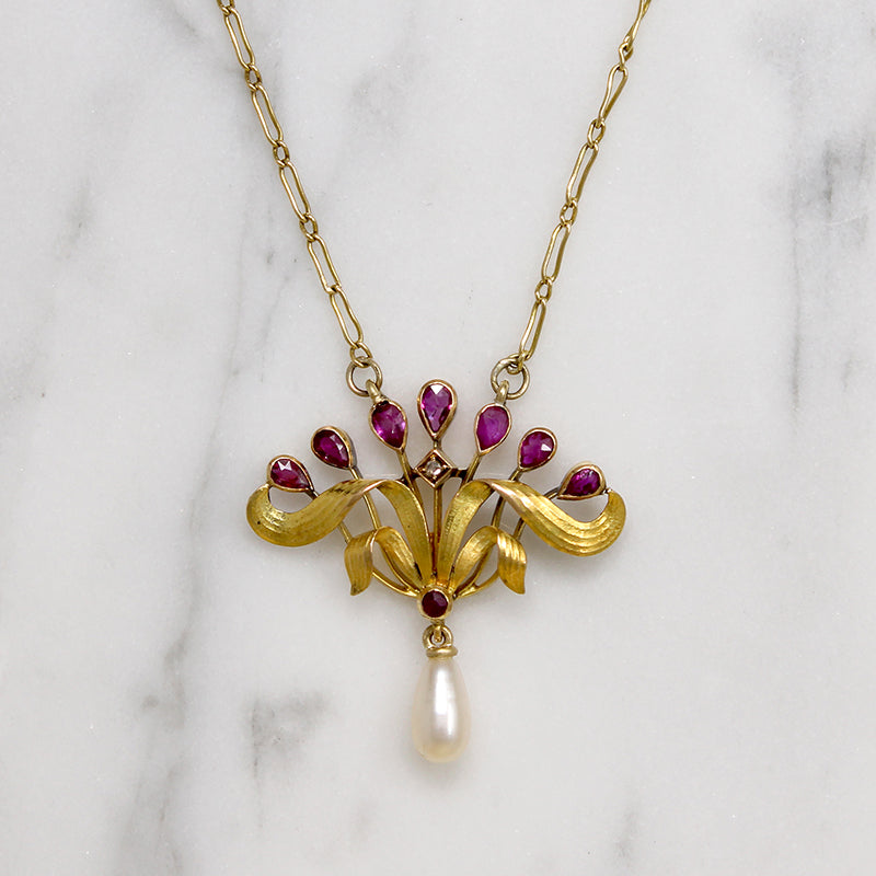 Delightful French Art Nouveau Ruby & Pearl Necklace