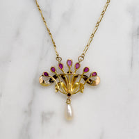 Delightful French Art Nouveau Ruby & Pearl Necklace