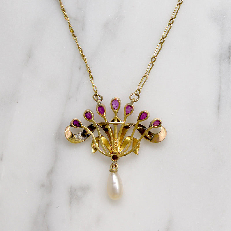 Delightful French Art Nouveau Ruby & Pearl Necklace