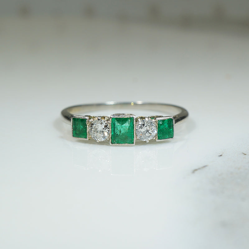 Platinum, Emerald & Old Euro Cut Diamond Edwardian Ring