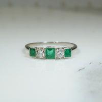 Platinum, Emerald & Old Euro Cut Diamond Edwardian Ring