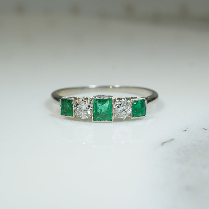 Platinum, Emerald & Old Euro Cut Diamond Edwardian Ring