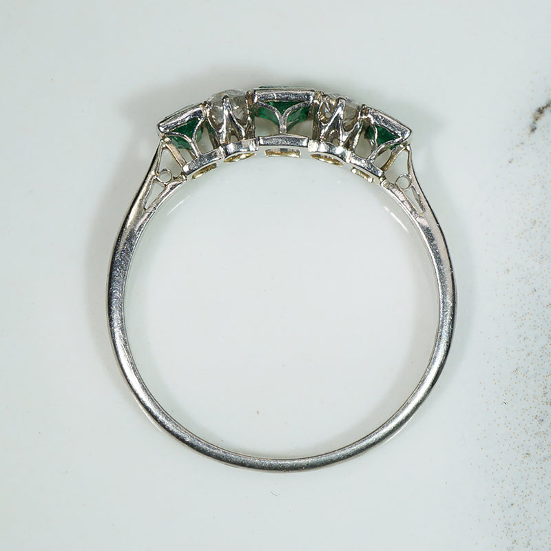 Platinum, Emerald & Old Euro Cut Diamond Edwardian Ring
