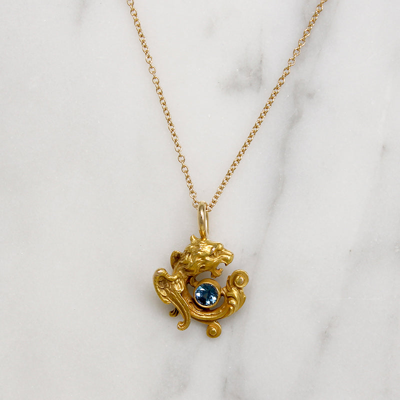 Fierce Little Griffon Gold & Sapphire Art Nouveau Pendant