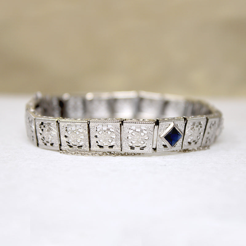 Old Mine Cut Diamond & Sapphire Filigree Line Bracelet