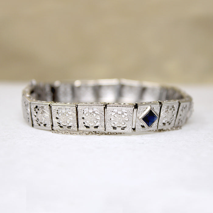 Old Mine Cut Diamond & Sapphire Filigree Line Bracelet