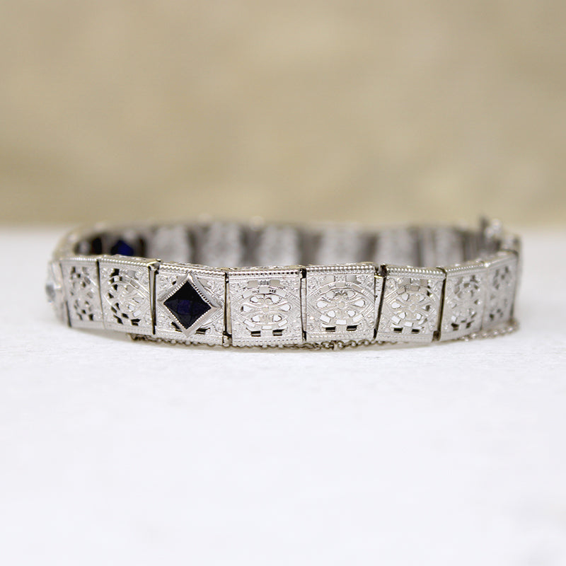 Old Mine Cut Diamond & Sapphire Filigree Line Bracelet