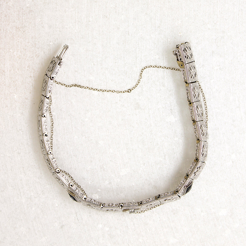 Old Mine Cut Diamond & Sapphire Filigree Line Bracelet