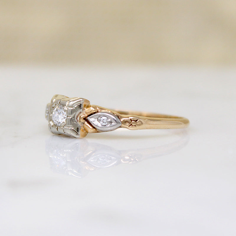 Two-Tone Engagement Ring with Diamonds & Flowers