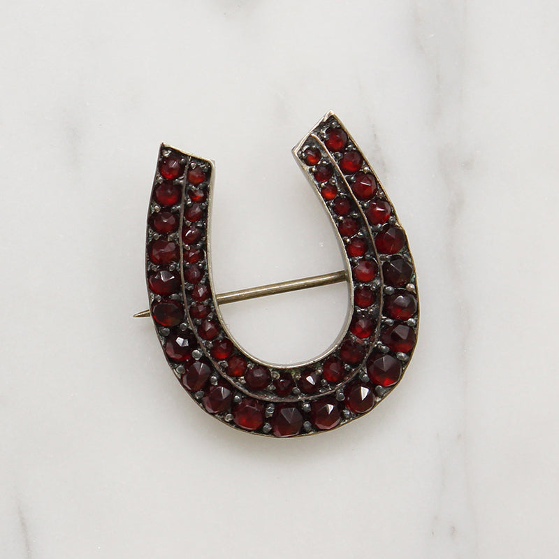 Good Luck Rose Cut Garnet Horseshoe Brooch