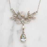 Alluring Art Nouveau Diamond & Aquamarine Necklace