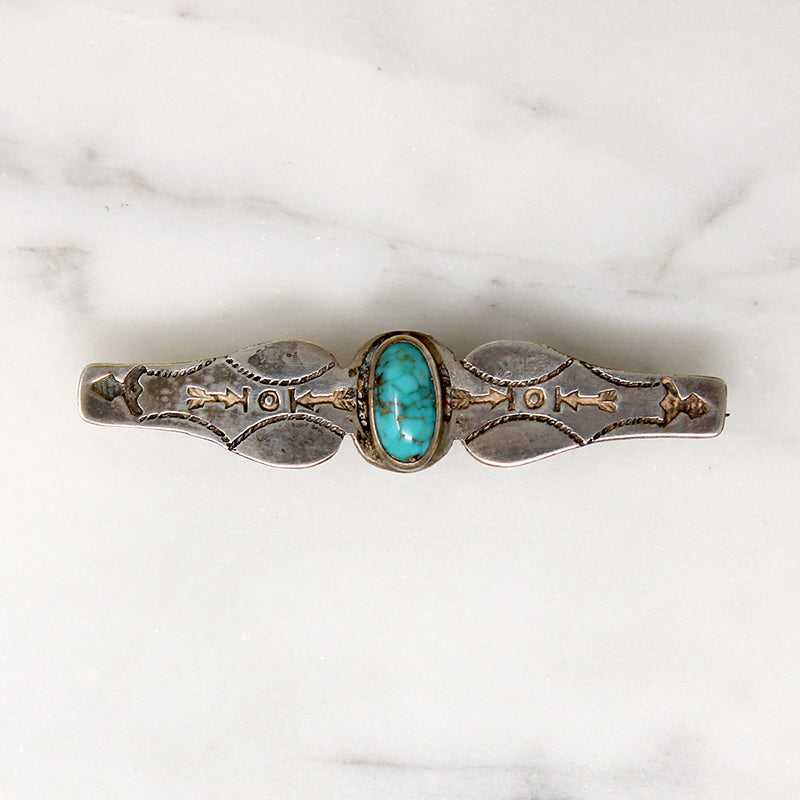 Coin Silver & Turquoise Bar Pin with Rocker Designs