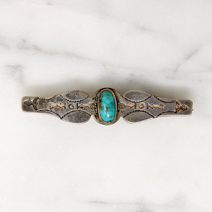 Coin Silver & Turquoise Bar Pin with Rocker Designs