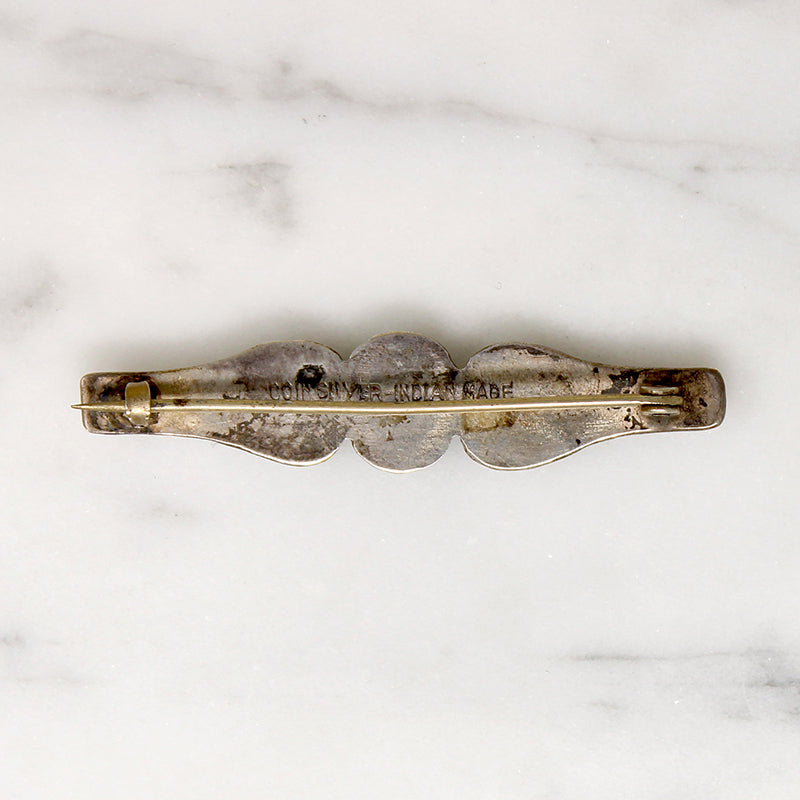 Coin Silver & Turquoise Bar Pin with Rocker Designs