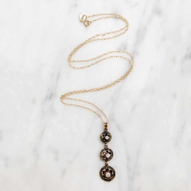 Three Flowers 10k Gold & Diamond Lavalier Necklace