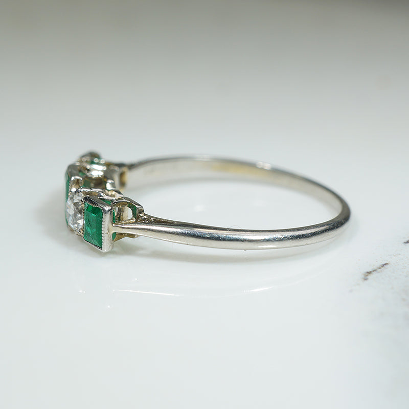 Platinum, Emerald & Old Euro Cut Diamond Edwardian Ring