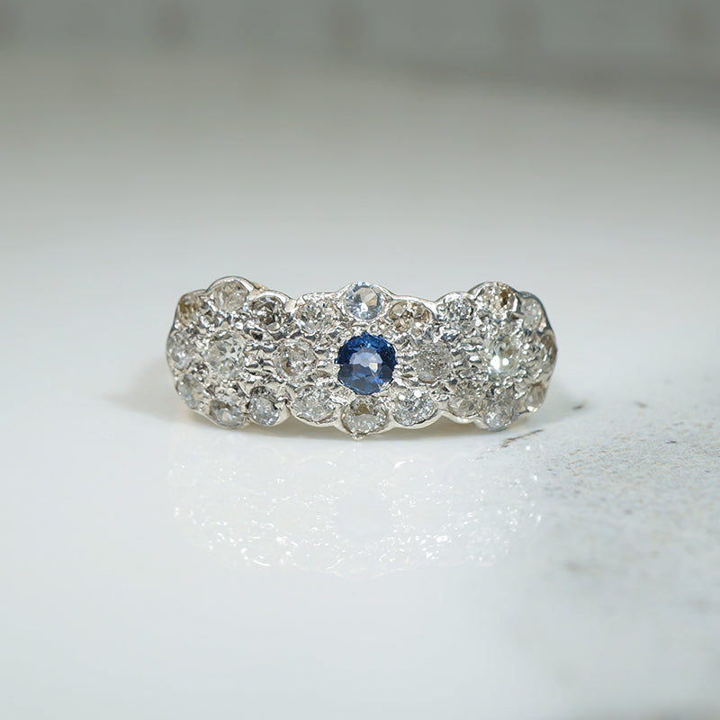 Trio of Flowers Old Mine Diamonds & Sapphire Ring