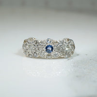 Trio of Flowers Old Mine Diamonds & Sapphire Ring
