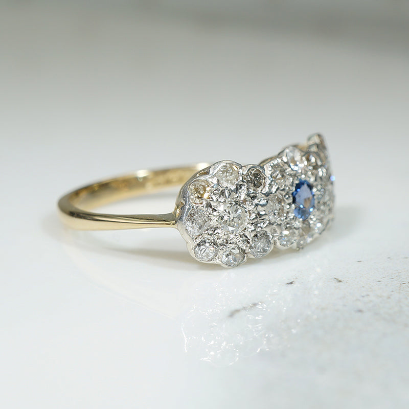 Trio of Flowers Old Mine Diamonds & Sapphire Ring