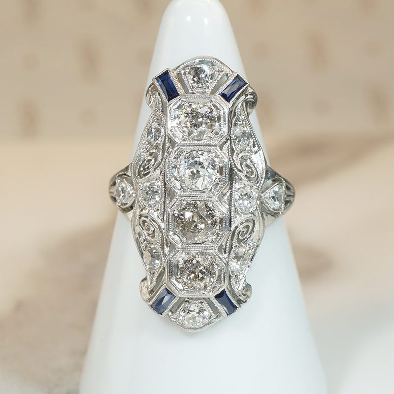 Outrageous Old Mine Cut Diamond Knuckle Engagement Ring with Sapphire Accents