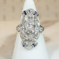 Outrageous Old Mine Cut Diamond Knuckle Engagement Ring with Sapphire Accents