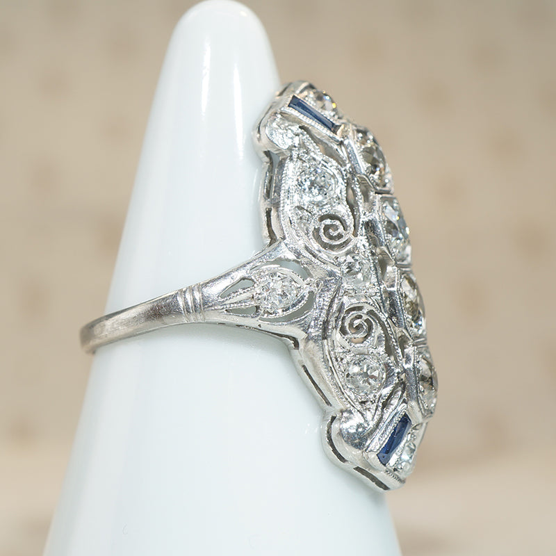 Outrageous Old Mine Cut Diamond Knuckle Engagement Ring with Sapphire Accents