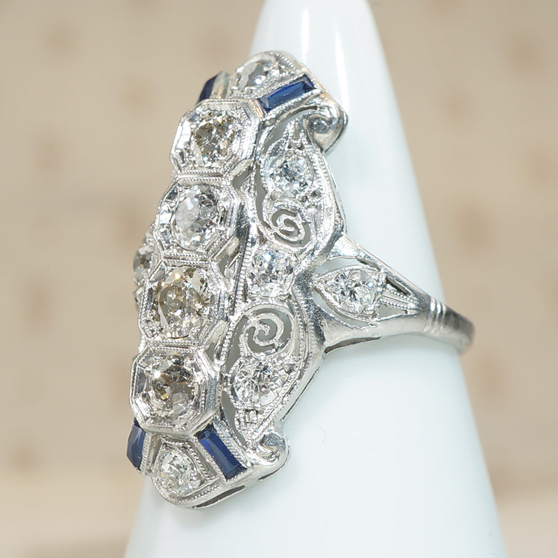 Outrageous Old Mine Cut Diamond Knuckle Engagement Ring with Sapphire Accents