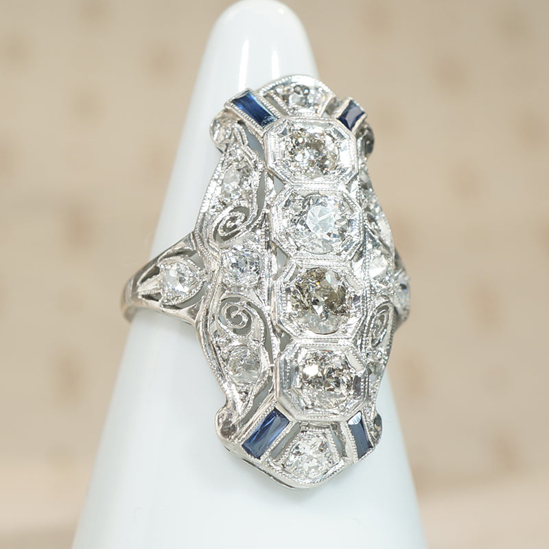 Outrageous Old Mine Cut Diamond Knuckle Engagement Ring with Sapphire Accents