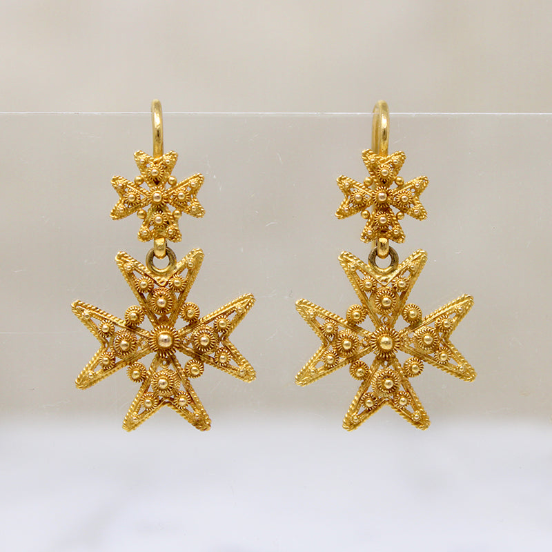 Gorgeous 18ct Cannetille Maltese Cross Earrings