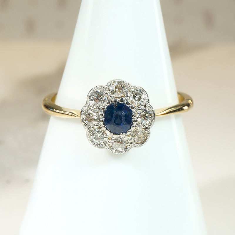 English Sapphire & Diamond Flower Ring in 18ct & Platinum