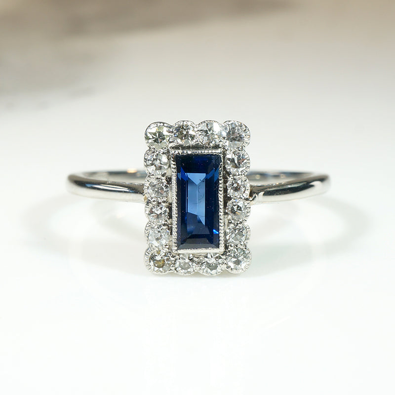 English Sapphire & Diamonds in Platinum Picture Frame Ring