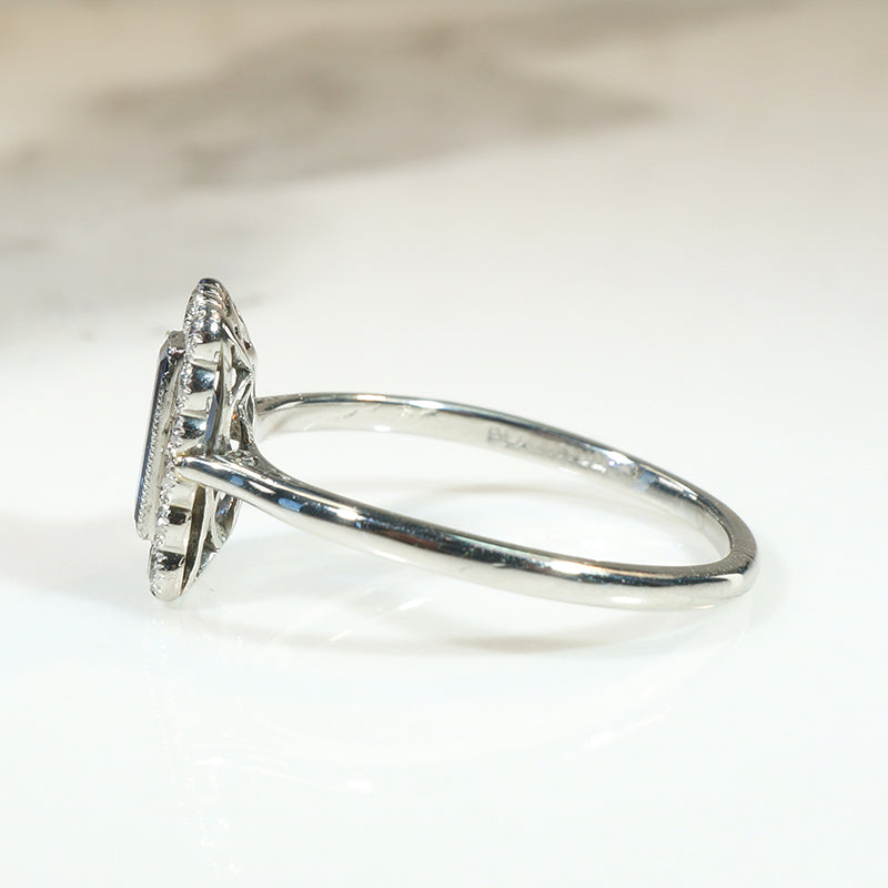 English Sapphire & Diamonds in Platinum Picture Frame Ring