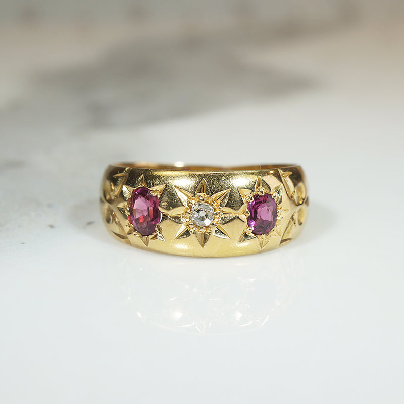 Starry Gold Band with Old Mine Cut Diamond & Rubies