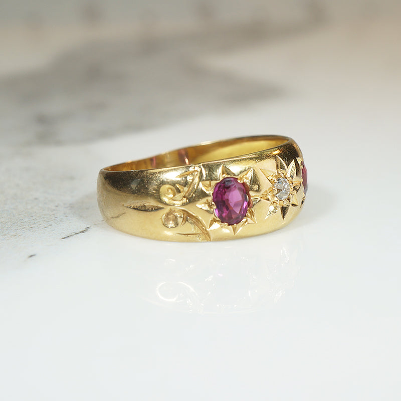 Starry Gold Band with Old Mine Cut Diamond & Rubies