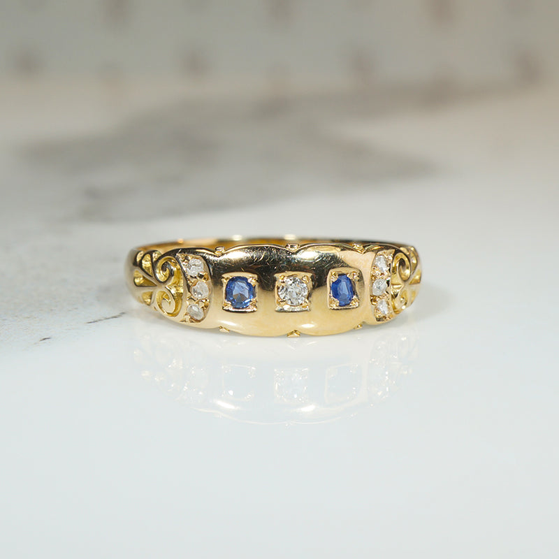 Engraved Flourish Diamond & Sapphire Edwardian Ring