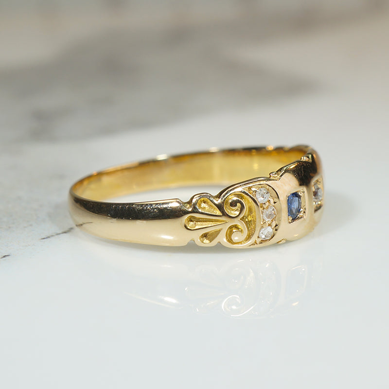 Engraved Flourish Diamond & Sapphire Edwardian Ring