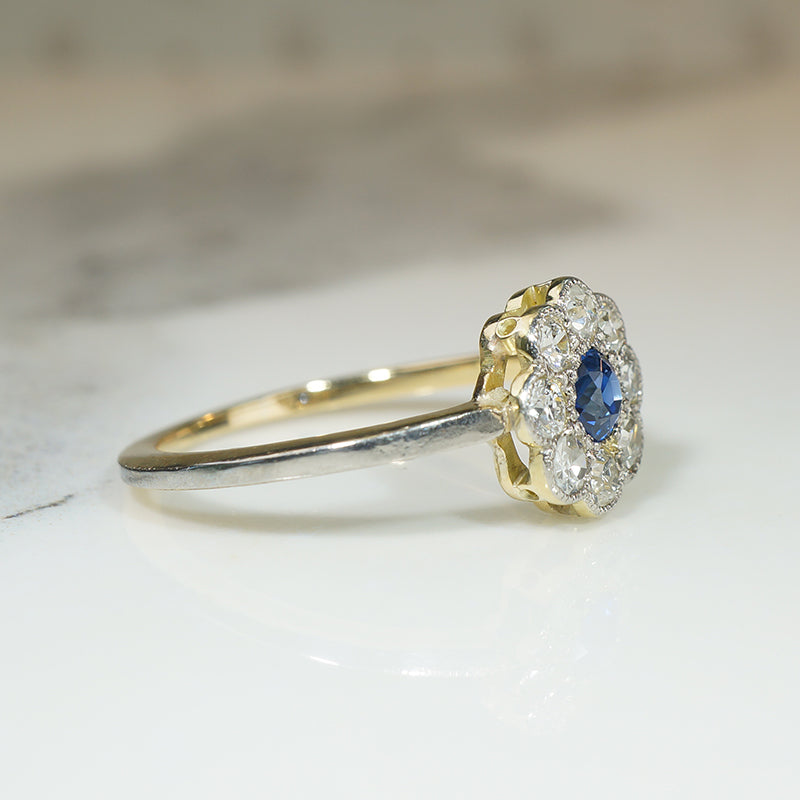 English Sapphire & Diamond Cluster Flower Ring