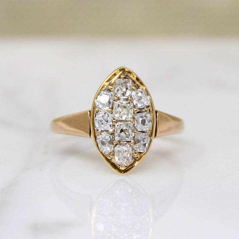 Charismatic Old Mine Cut Diamond Navette Cluster Ring