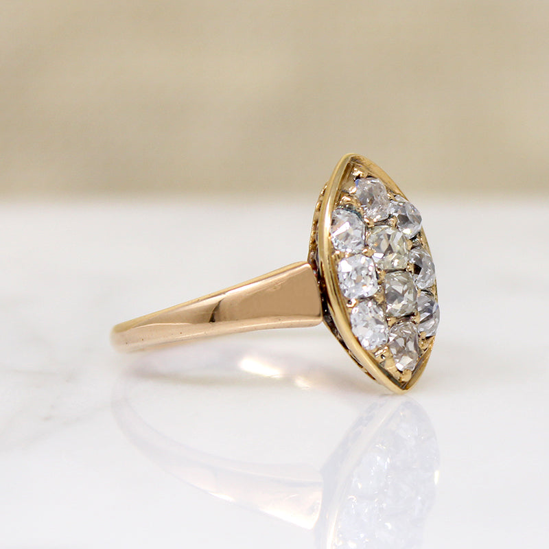 Charismatic Old Mine Cut Diamond Navette Cluster Ring