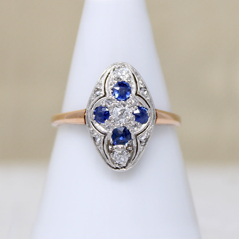 Sapphire & Diamond English Navette Ring